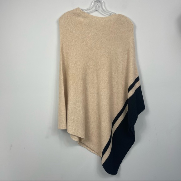 PURE Collection 100% Cashmere Poncho Cozy Wrap Beige Black Line Trim - Picture 7 of 12